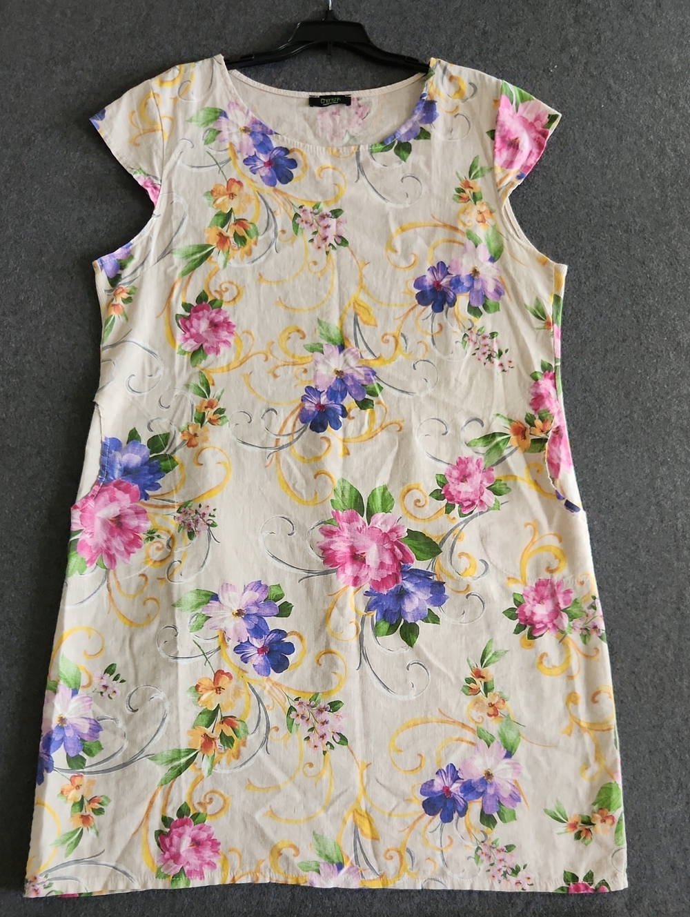 Cherishh Womens Linen Italian Floral Dress Tan Midi Large Beige Italy Vacation